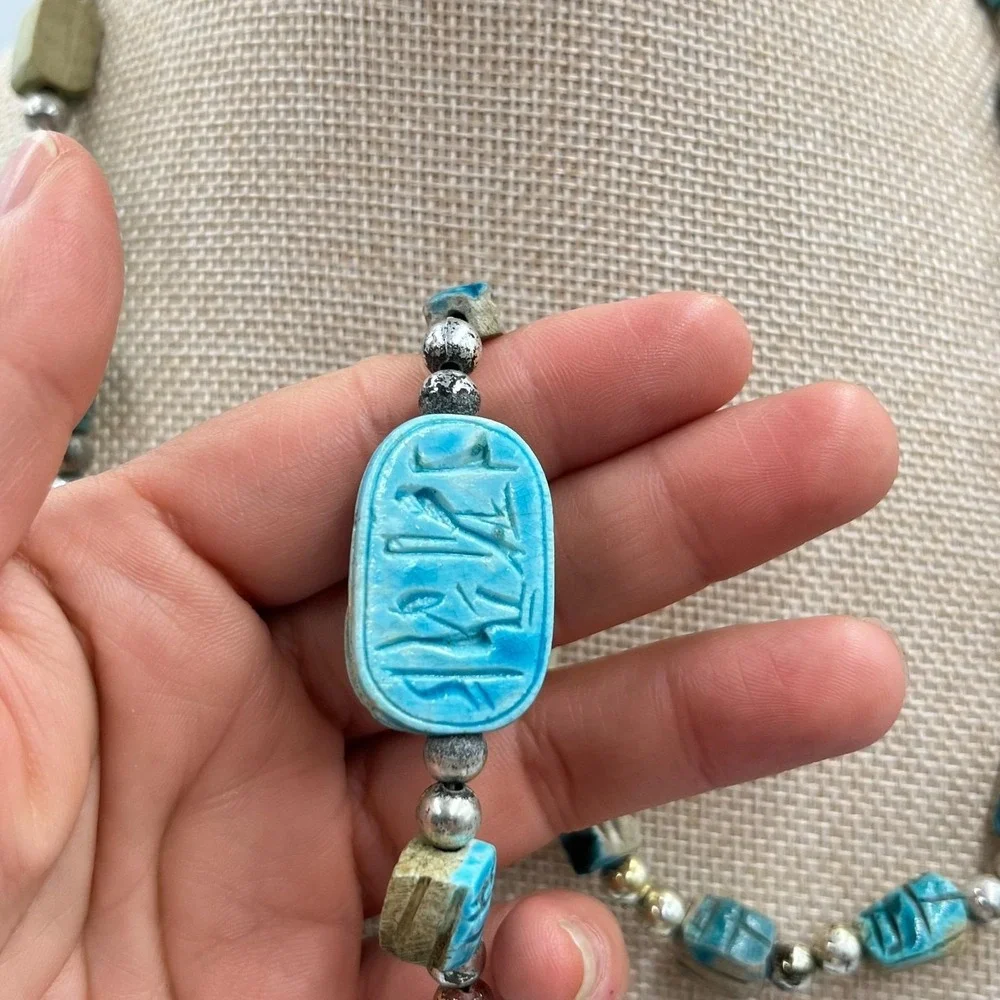 Vintage Egyptian Revival Scarab Beetle Beads Necklace & Filigree‎ Bracelet Set